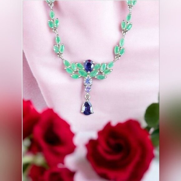 925 Sterling Silver Necklace 18" with Natural Sapphire, Emerald & Tanzanite Gems - Picture 2 of 9